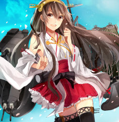 Rule 34 | 10s, 1girl, :d, bad id, bad pixiv id, bare shoulders, black bow, black thighhighs, blush, bow, brown hair, cannon, detached sleeves, flower, frilled skirt, frills, hair flower, hair ornament, hairband, haruna (kancolle), kantai collection, long hair, long sleeves, machinery, mii (sogemasaru), nontraditional miko, open mouth, orange eyes, petals, red bow, red skirt, skirt, smile, sogemasaru, solo, striped, thighhighs, zettai ryouiki