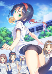 Rule 34 | 5girls, :d, :o, ass, black hair, black socks, blue hair, blush, bouzu (bonze), bread, bread eating race, brown eyes, brown hair, buruma, cheering, chestnut mouth, day, food, from side, green eyes, gym uniform, hair ornament, hair scrunchie, hairband, hands up, kneehighs, looking at another, looking at viewer, looking back, low twintails, melon bread, mouth hold, multiple girls, open mouth, original, outdoors, ponytail, school, scrunchie, shoes, sidelocks, smile, socks, solo focus, sports festival, teeth, thighs, twintails, wavy hair, white footwear