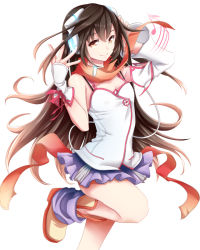 Rule 34 | 1girl, asymmetrical sleeves, black hair, blush, boots, brown eyes, brown hair, cabbie hat, cable, detached sleeves, hand on headphones, hands up, hat, headphones, kokone (vocaloid), long hair, looking at viewer, miniskirt, mismatched sleeves, musical note, pleated skirt, quaver, ribbon, scarf, simple background, skirt, smile, solo, standing, standing on one leg, very long hair, vocaloid, white background, xinyu