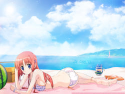 Rule 34 | 00s, 1girl, adjusting hair, ankle ribbon, anklet, arm support, armpits, ass, back, bare shoulders, barefoot, basket, beach, beach towel, bikini, blanket, blue eyes, blue sky, blush, bow, bracelet, breasts, cat, clenched hand, cloud, cloudy sky, copyright name, da capo, da capo i, day, dimples of venus, dual monitor, english text, expressionless, feet, female focus, food, forest, frilled bikini, frills, from side, fruit, hair between eyes, hair ornament, hair ribbon, highres, innertube, jewelry, large breasts, leg ribbon, legs, light particles, lighthouse, long hair, looking at viewer, looking back, lying, masuda kuniaki, megami magazine, mountain, narrow waist, nature, ocean, official art, official wallpaper, on stomach, outdoors, picnic basket, red hair, ribbon, sand, sandals, shadow, shiny skin, shirakawa kotori, side-tie bikini bottom, sideboob, sky, soles, solo, sparkle, string bikini, striped bikini, striped clothes, sun, swim cap, swim ring, swimsuit, text focus, third-party edit, toes, towel, transparent, unworn sandals, utamaru, wallpaper, water, watermark, watermelon, web address, wet, wet clothes, wet hair, white bikini, white cat, wide hips, wristband
