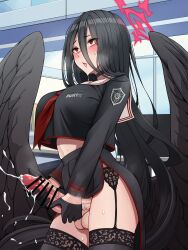 Rule 34 | 1futa, absurdres, bar censor, black gloves, black hair, black shirt, black skirt, black thighhighs, black wings, blue archive, blush, breasts, censored, cowboy shot, cum, ejaculation, erection, feathered wings, futanari, futanari masturbation, gloves, hair between eyes, halo, hasumi (blue archive), highres, large breasts, large penis, long hair, long sleeves, masturbation, mole, mole under eye, open mouth, penis, projectile cum, red eyes, shirt, skirt, solo, testicles, thighhighs, tussy, very long hair, wings