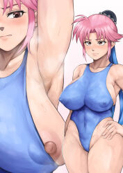 Rule 34 | absurdres, armpit crease, armpits, brown eyes, dragon quest, dragon quest dai no daibouken, hair bun, hand on own hip, highleg, highleg swimsuit, highres, maam, nipple slip, nipples, one-piece swimsuit, pink hair, swimsuit, thick thighs, thighs