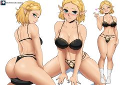 Rule 34 | 1girl, ass, back, blonde hair, blush, braid, breasts, butt crack, cleavage, closed mouth, collarbone, crown braid, echo saber, from behind, green eyes, highres, large breasts, lingerie, looking at viewer, looking back, multiple views, nail polish, navel, nintendo, open mouth, panties, princess zelda, short hair, sideboob, simple background, sitting, smile, socks, the legend of zelda, the legend of zelda: breath of the wild, the legend of zelda: tears of the kingdom, thong, triforce, triforce print, underwear, v, white background