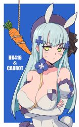 Rule 34 | 1girl, animal ears, bare shoulders, beret, black ribbon, blue background, blue hair, blush, breasts, carrot, character name, choker, cleavage, closed mouth, crossed arms, dress, english text, fake animal ears, flower choker, girls&#039; frontline, green eyes, hair ribbon, hat, highres, hk416 (girls&#039; frontline), hk416 (herbal-flavored hard candy) (girls&#039; frontline), large breasts, long hair, looking up, official alternate costume, purple choker, ribbon, solo, white dress, yu 416416