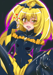 Rule 34 | 10s, 1girl, aoi manabu, bad end peace, bad end precure, black bodysuit, blonde hair, blush, bodysuit, breasts, covered navel, cum, cum on body, cum on clothes, cum on lower body, dark persona, fang, fingerless gloves, gloves, heart, long hair, medium breasts, open mouth, precure, smile precure!, solo, tiara, yellow eyes