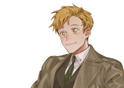 Rule 34 | 1013 1014rt, 1boy, alphonse elric, arms at sides, black vest, blonde hair, brown coat, close-up, closed mouth, coat, collared shirt, fullmetal alchemist, green neckwear, happy, highres, lips, looking afar, male focus, necktie, open clothes, open coat, shaded face, shirt, simple background, smile, tareme, upper body, vest, white background, white shirt, yellow eyes