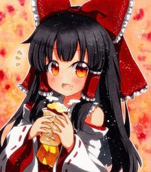 Rule 34 | 1girl, bad id, bad pixiv id, bare shoulders, black hair, blush, bow, collar, dress, food, food on face, hair tubes, hakurei reimu, hands up, long hair, long sleeves, looking at viewer, multicolored eyes, open mouth, orange background, orange eyes, qqqrinkappp, red background, red bow, red dress, red eyes, shikishi, smile, solo, touhou, traditional media, white collar, white sleeves, yellow background, yellow eyes, yellow neckwear