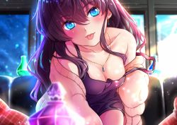 Rule 34 | 10s, 1girl, :p, bad id, bad pixiv id, bare shoulders, black dress, blue eyes, breasts, brown hair, cleavage, dress, earrings, head tilt, ichinose shiki, idolmaster, idolmaster cinderella girls, jewelry, leaning forward, long hair, looking at viewer, medium breasts, no bra, off shoulder, rusk (canvas4ban), smile, solo, strap slip, sweater, tongue, tongue out, wavy hair