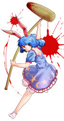 Rule 34 | 0-den, 1girl, absurdres, ambiguous red liquid, animal ears, bloomers, blue dress, blue hair, rabbit ears, crescent, dress, earclip, full body, highres, holding, kine, long hair, mallet, open mouth, puffy short sleeves, puffy sleeves, red eyes, seiran (touhou), short dress, short sleeves, simple background, socks, solo, splatter, stain, star (symbol), touhou, underwear, white background