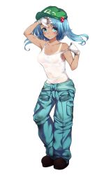 Rule 34 | 1girl, arm up, bad id, bad twitter id, bare arms, bare shoulders, black footwear, blue eyes, blue hair, blue pants, blush, breasts, cabbie hat, collarbone, commentary request, full body, gloves, green hat, hair bobbles, hair ornament, hat, highres, kawashiro nitori, looking at viewer, medium breasts, momendoufu, pants, parted lips, pocket, see-through, shirt, shoes, short hair, simple background, solo, standing, strap pull, strap slip, sweat, tan, tank top, tanline, touhou, two side up, wet, wet clothes, white background, white gloves, white shirt