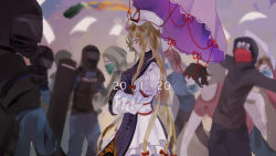 Rule 34 | 1girl, 2020, 6+others, blonde hair, body armor, english text, from side, hat, helmet, highres, holding, holding umbrella, hood, hood up, hoodie, long hair, mask, mob cap, mouth mask, multiple others, naufaldreamer, parasol, police, police uniform, riot shield, rioting, shield, surgical mask, swat, tabard, touhou, umbrella, uniform, very long hair, yakumo yukari