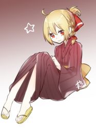 Rule 34 | 1girl, abe suke, ahoge, alternate costume, blonde hair, bow, braid, closed mouth, folded ponytail, full body, gradient background, hair bow, japanese clothes, kimono, long sleeves, looking at viewer, multicolored background, red bow, red eyes, rumia, sandals, sash, signature, sitting, smile, solo, star (symbol), touhou, two-tone background, wide sleeves