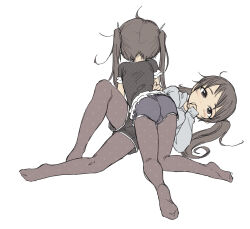 Rule 34 | 2girls, ahoge, all fours, black shirt, black shorts, brown eyes, brown hair, covered mouth, covering own mouth, feet, flat color, from behind, full body, grey hoodie, grey shorts, hand on another&#039;s hip, highres, hood, hood down, hoodie, kikai (akita morgue), knee up, long hair, long sleeves, looking at viewer, lying, multiple girls, no shoes, original, pantyhose, pinching sleeves, polka dot, polka dot pantyhose, polka dot shirt, shirt, short shorts, short sleeves, shorts, simple background, soles, twintails, unmoving pattern, white background