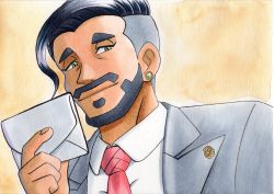 Rule 34 | 1boy, black hair, business suit, closed mouth, collared shirt, commentary request, creatures (company), earrings, envelope, facial hair, formal, game freak, green eyes, grey jacket, hand up, highres, holding, holding envelope, jacket, jewelry, looking down, male focus, necktie, nintendo, oka mochi, pokemon, pokemon swsh, red necktie, rose (pokemon), shirt, short hair, smile, solo, suit, traditional media, undercut, white shirt, yellow background