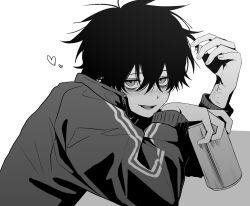 Rule 34 | 1boy, black hair, blush, can, greyscale, hair between eyes, heart, highres, holding, holding can, imai akira, jacket, long sleeves, looking at viewer, male focus, monochrome, open clothes, open mouth, original, self-harm scar, short hair, simple background, smile, solo, track jacket, upper body, wrist cutting