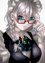 Rule 34 | 1girl, adjusting eyewear, bad id, bad twitter id, bespectacled, black bow, black ribbon, blue eyes, blue nails, bow, braid, breasts, brooch, commentary request, glasses, glasses day, hair between eyes, hair bow, hand up, highres, izayoi sakuya, jan (lightdragoon), jewelry, looking at viewer, maid, maid headdress, medium breasts, nail polish, neck ribbon, parted lips, red-framed eyewear, ribbon, short hair, silver hair, simple background, smile, solo, touhou, twin braids, upper body, white background, wing collar, wrist cuffs