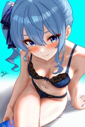 1girl absurdres blue_background blue_bra blue_eyes blue_hair blue_panties blush bra breasts closed_mouth crossed_legs dfswift highres hololive hoshimachi_suisei panties side_ponytail sitting small_breasts smile solo star_(symbol) star_in_eye symbol_in_eye thighs underwear underwear_only virtual_youtuber