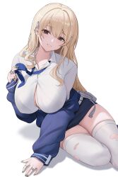 Rule 34 | 1girl, belt, blonde hair, breasts, button gap, cardigan, cbmus, goddess of victory: nikke, grin, gyaru, highres, huge breasts, jewelry, leaning to the side, loose necktie, miniskirt, mole, mole under eye, nail polish, necktie, ring, school uniform, shirt, sitting, skindentation, skirt, smile, solo, sweat, thighhighs, thighs, tia (nikke), torn clothes, torn thighhighs, white shirt, white thighhighs