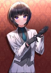 Rule 34 | &gt;:(, 1girl, black gloves, black hair, black shirt, blue necktie, blunt bangs, blush, closed mouth, collared shirt, commentary request, formal, glove pull, gloves, grey vest, hands up, highres, idolmaster, idolmaster cinderella girls, idolmaster cinderella girls starlight stage, jacket, light frown, looking at viewer, necktie, open clothes, open jacket, pant suit, pants, pinstripe pattern, pinstripe vest, purple eyes, shirayuki chiyo, shirt, short hair, solo, striped clothes, striped vest, suit, sutoroa, v-shaped eyebrows, vertical-striped clothes, vertical-striped vest, vest, white jacket, white pants