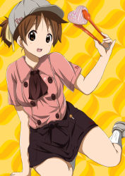 Rule 34 | 1girl, :d, blush, brown eyes, brown hair, cookie, doughnut, food, hair ribbon, hat, heart, hirasawa ui, holding, k-on!, looking at viewer, mister donut, official style, open mouth, ponytail, ragho no erika, ribbon, round teeth, server, short hair, skirt, smile, solo, teeth, tongs
