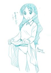 Rule 34 | 1girl, azumanga daiou, clothes lift, collared shirt, commentary request, cowboy shot, dated, graphite (medium), lifted by self, long hair, long sleeves, looking at viewer, monochrome, open mouth, panties, peacock (p-location), shirt, simple background, skirt, skirt lift, solo, standing, tanizaki yukari, teacher, traditional media, underwear, white background