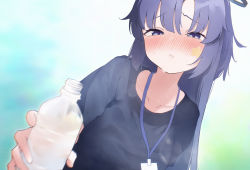 Rule 34 | 1girl, absurdres, blue archive, collarbone, commentary request, eyes visible through hair, facial tattoo, giving, gradient background, gym shirt, halo, highres, id card, long hair, looking at viewer, mashiro latte (msrn39), official alternate costume, parted bangs, plastic bottle, ponytail, purple eyes, purple hair, reaching, reaching towards viewer, shirt, short sleeves, sidelocks, simple background, solo, sweat, tattoo, yuuka (blue archive), yuuka (track) (blue archive)