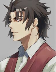 Rule 34 | 1boy, absurdres, bags under eyes, brown hair, closed mouth, collared shirt, fate/grand order, fate (series), from side, frown, grey background, haruakira, highres, hijikata toshizou (fate), looking at viewer, male focus, mature male, red eyes, red vest, shirt, short hair, simple background, solo, upper body, vest, white shirt