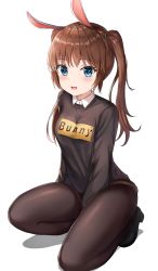Rule 34 | 1girl, absurdres, animal ears, bad id, bad pixiv id, black footwear, black pantyhose, black shirt, blue eyes, blush, brown hair, clothes writing, collared shirt, commentary, english text, fake animal ears, highres, leotard, original, pantyhose, playboy bunny, rabbit ears, shirt, simple background, smile, solo, symbol-only commentary, t-shirt, thighs, twintails, white background, white shirt, zeroillya