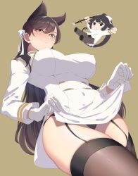 Rule 34 | animal ears, atago (azur lane), azur lane, black hair, black legwear, black panties, bow, breasts, clothes lift, dress, dress lift, from below, garter straps, hair flaps, highres, holding, holding sword, holding weapon, large breasts, lifted by self, long hair, military, military uniform, miniskirt, mole, mole under eye, oukama, panties, pantyhose, skindentation, skirt, solo focus, swept bangs, sword, takao (azur lane), thighhighs, thighs, underwear, uniform, very long hair, weapon, white bow