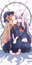 Rule 34 | 2girls, abigail williams (fate), bags under eyes, barefoot, black bow, black dress, black hat, blonde hair, blue eyes, bow, bug, butterfly, closed mouth, commentary request, dress, fate/grand order, fate (series), feet, hair between eyes, hair bow, hands in opposite sleeves, hat, highres, horns, hug, hugging object, insect, key, lavinia whateley (fate), long hair, long sleeves, looking at viewer, looking back, multiple girls, one eye closed, orange bow, pale skin, pantie painting, parted bangs, pink eyes, polka dot, polka dot bow, single horn, smile, soles, stuffed animal, stuffed toy, teddy bear, toes, very long hair, wavy mouth, white background, white hair