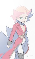 Rule 34 | 10s, 1girl, amanda o&#039;neill, boots, breasts, choker, cleavage, cosplay, curvy, fate/extra, fate (series), francis drake (fate), green eyes, jacket, little witch academia, medium breasts, orange hair, pants, red jacket, short hair, simple background, solo, tagme, thigh boots, thighhighs, white background, white pants