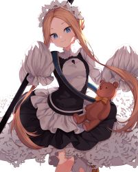 Rule 34 | 1girl, abigail williams (fate), abigail williams (festival outfit) (fate), black skirt, blonde hair, blue eyes, blush, breasts, decora (decopining), dress, fate/grand order, fate (series), forehead, heroic spirit festival outfit, highres, long hair, long sleeves, looking at viewer, maid, octopus, official alternate costume, parted bangs, sidelocks, skirt, small breasts, smile, solo, stuffed animal, stuffed toy, teddy bear, white dress