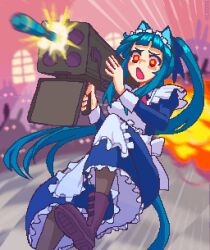 Rule 34 | 1girl, alternate costume, ammunition, animal ears, apron, aqua hair, arched window, black footwear, blue dress, boots, commentary, dress, english commentary, enmaided, explosion, firing, hcnone, highres, holding, holding rocket launcher, holding weapon, incendiary ammunition, juliet sleeves, long sleeves, m202 flash, m235 incendiary tpa, maid, multiple-barrel firearm, multishot rocket launcher, open mouth, original, penny (hcnone), pixel art, ponytail, puffy sleeves, rocket, rocket (projectile), rocket launcher, sleeve cuffs, solo, speed lines, weapon, white apron, window, yellow eyes