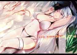 Rule 34 | 1girl, alternate costume, arm behind head, armpits, azur lane, bare shoulders, beach, bikini, blush, breasts, character name, cleavage, collarbone, commentary request, day, enterprise (azur lane), hat, highres, holding, holding clothes, holding hat, large breasts, letterboxed, long hair, looking at viewer, lying, navel, on back, otsunabe (naabe delta), outdoors, parted lips, peaked cap, purple eyes, sand, shade, sidelocks, signature, silver hair, smile, solo, stomach, swimsuit, thigh strap, very long hair, white bikini
