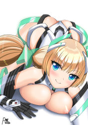 Rule 34 | 1girl, angela balzac, ass, bare shoulders, blonde hair, blue eyes, blush, breasts, breasts out, elbow gloves, gloves, headgear, large breasts, leotard, long hair, looking at viewer, nipples, ouse riruka, rakuen tsuihou, signature, simple background, smile, solo, top-down bottom-up, twintails, very long hair, wedgie, white background