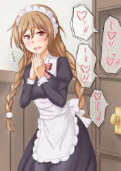 Rule 34 | 1girl, alternate costume, anti (untea9), apron, black dress, braid, cloud hair ornament, commentary request, cowboy shot, door, dress, enmaided, frilled apron, frills, gradient hair, highres, kantai collection, light brown hair, long hair, looking at viewer, maid, maid headdress, minegumo (kancolle), multicolored hair, own hands together, red eyes, solo, twin braids, white apron