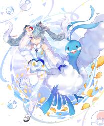 Rule 34 | 1girl, absurdres, altaria, arm up, blue gloves, blue hair, creatures (company), detached sleeves, double bun, flying miku (project voltage), game freak, gen 3 pokemon, gloves, gradient hair, hair bun, hair over one eye, hatsune miku, highres, long hair, looking at viewer, multicolored hair, nintendo, poke ball, pokemon, pokemon (creature), project voltage, salmontea, see-through, see-through shorts, see-through sleeves, shorts, shorts under shorts, single glove, twintails, very long hair, vocaloid, wind chime