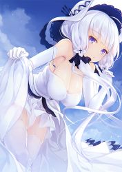 Rule 34 | 1girl, azur lane, blue eyes, breasts, cleavage, closed mouth, clothes lift, commentary request, day, dress, dress lift, elbow gloves, eorx, floating hair, garter straps, gloves, hair ribbon, hanging breasts, hat, illustrious (azur lane), large breasts, leaning forward, lifted by self, long hair, looking at viewer, outdoors, ribbon, sky, smile, solo, strapless, strapless dress, sun hat, thighhighs, tress ribbon, tri tails, white dress, white gloves, white hair, white hat, white thighhighs
