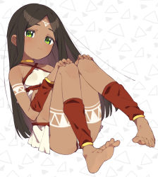 Rule 34 | 1girl, bare shoulders, barefoot, blush, bodypaint, brown hair, choker, closed mouth, dark-skinned female, dark skin, facepaint, fingernails, foot focus, foreshortening, gold, gold choker, green eyes, hands on own knees, light soles, long hair, looking at viewer, moyori, original, patterned, patterned background, smile, soles, solo, tan, tanline, toenails, triangle