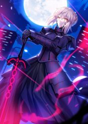 Rule 34 | 1girl, absurdres, armor, armored dress, artoria pendragon (all), artoria pendragon (fate), bad id, bad pixiv id, black dress, braid, braided bun, dress, dutch angle, excalibur morgan (fate), fate/stay night, fate (series), from below, full moon, fuyuki (neigedhiver), gauntlets, hair between eyes, hair bun, hands on hilt, highres, looking at viewer, moon, night, outdoors, red dress, saber alter, short hair with long locks, sidelocks, silver hair, solo, standing, yellow eyes