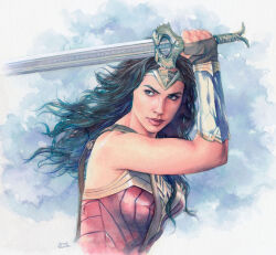 Rule 34 | 1girl, bare shoulders, black hair, breasts, commentary, dc comics, english commentary, fingerless gloves, gloves, hector trunnec, highres, holding, holding sword, holding weapon, long hair, looking at viewer, medium breasts, painting (medium), solo, superhero costume, sword, tiara, traditional media, upper body, watercolor (medium), weapon, wonder woman, wonder woman (series)