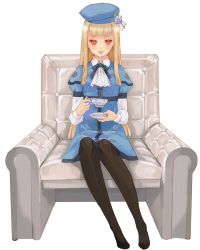 Rule 34 | 1girl, black pantyhose, blonde hair, cup, fate/apocrypha, fate (series), full body, hat, highres, long hair, lord el-melloi ii case files, pantyhose, red eyes, reines el-melloi archisorte, revision, satou usuzuku, solo, teacup, transparent background