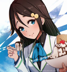 Rule 34 | 1girl, arm up, black hair, black shirt, blue eyes, blue neckwear, blurry, bowl, cherry, chocolate, closed mouth, commentary request, depth of field, food, fruit, hair between eyes, hair ornament, holding, holding bowl, holding spoon, ice cream, izumi reina, kerchief, long hair, long sleeves, looking at viewer, magion02, musaigen no phantom world, shirt, solo, spoon, watermark, web address, wing collar