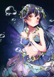 Rule 34 | 1girl, absurdres, bare shoulders, blue hair, blush, bug, butterfly, butterfly hair ornament, butterfly wings, closed mouth, dress, flower, frills, hair between eyes, hair flower, hair ornament, highres, insect, insect wings, long hair, looking at viewer, love live!, love live! school idol festival, love live! school idol project, midriff, niwasane (saneatsu03), non-web source, scan, smile, solo, sonoda umi, strapless, strapless dress, underwater, wings, yellow eyes