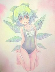 Rule 34 | 1girl, :d, acrylic paint (medium), barefoot, blue eyes, blue hair, bow, cirno, graphite (medium), hair bow, highres, ice, ice wings, kneeling, matching hair/eyes, name tag, one-piece swimsuit, open mouth, painting (medium), school swimsuit, short hair, smile, solo, swimsuit, thigh gap, touhou, traditional media, watercolor (medium), wings, yuyu (00365676)