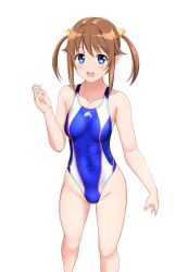 Rule 34 | 1girl, absurdres, blue eyes, blue one-piece swimsuit, brown hair, collarbone, commentary request, covered navel, cowboy shot, high school fleet, highleg, highleg swimsuit, highres, misaki akeno, one-piece swimsuit, sidelocks, simple background, solo, swimsuit, takafumi, twintails, two-tone swimsuit, white background