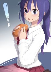 Rule 34 | !, 1girl, burger, commentary request, eating, food, food on face, hair between eyes, himouto! umaru-chan, holding, holding food, long hair, long sleeves, looking at viewer, motoba kirie, neck ribbon, parted lips, pleated skirt, ponytail, purple eyes, purple hair, red skirt, ribbon, shirt, simple background, sitting, skirt, solo, tomamatto, white shirt
