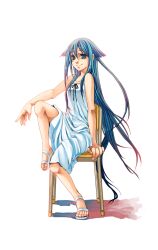 Rule 34 | 1girl, bare shoulders, barefoot sandals (jewelry), black ribbon, blue eyes, blue hair, breasts, chair, commentary request, dress, eldritch abomination, feet on chair, full body, hair flaps, highres, long hair, looking at viewer, ribbon, saitou nekoichi, saya (saya no uta), saya no uta, simple background, sitting, small breasts, smile, solo, sundress, very long hair, white background, white dress