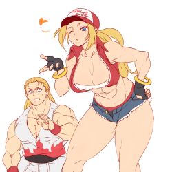 Rule 34 | 1boy, 1girl, ;o, abs, andy bogard, baseball cap, black gloves, blonde hair, blowing kiss, blue eyes, blue shorts, breasts, brother and sister, cleavage, clothes writing, commentary request, constricted pupils, crop top, cropped jacket, cutoffs, denim, denim shorts, dougi, english text, fingerless gloves, frown, genderswap, genderswap (mtf), gloves, grimace, hanzo (2929), hat, headband, heart, highres, jacket, karate gi, large breasts, leaning forward, long hair, looking at viewer, micro shorts, muscular, muscular female, muscular male, one eye closed, panties, pectoral cleavage, pectorals, ponytail, red headband, red jacket, red panties, shorts, siblings, simple background, snk heroines: tag team frenzy, standing, sweatdrop, terry bogard, the king of fighters, underwear, white background