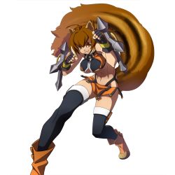 Rule 34 | 1girl, :3, animal ears, arc system works, blazblue, blazblue: continuum shift, boots, breasts, brown eyes, brown hair, female focus, fingerless gloves, gloves, makoto nanaya, official art, simple background, skirt, solo, squirrel ears, squirrel tail, tail, thighhighs, tonfa, underboob, weapon